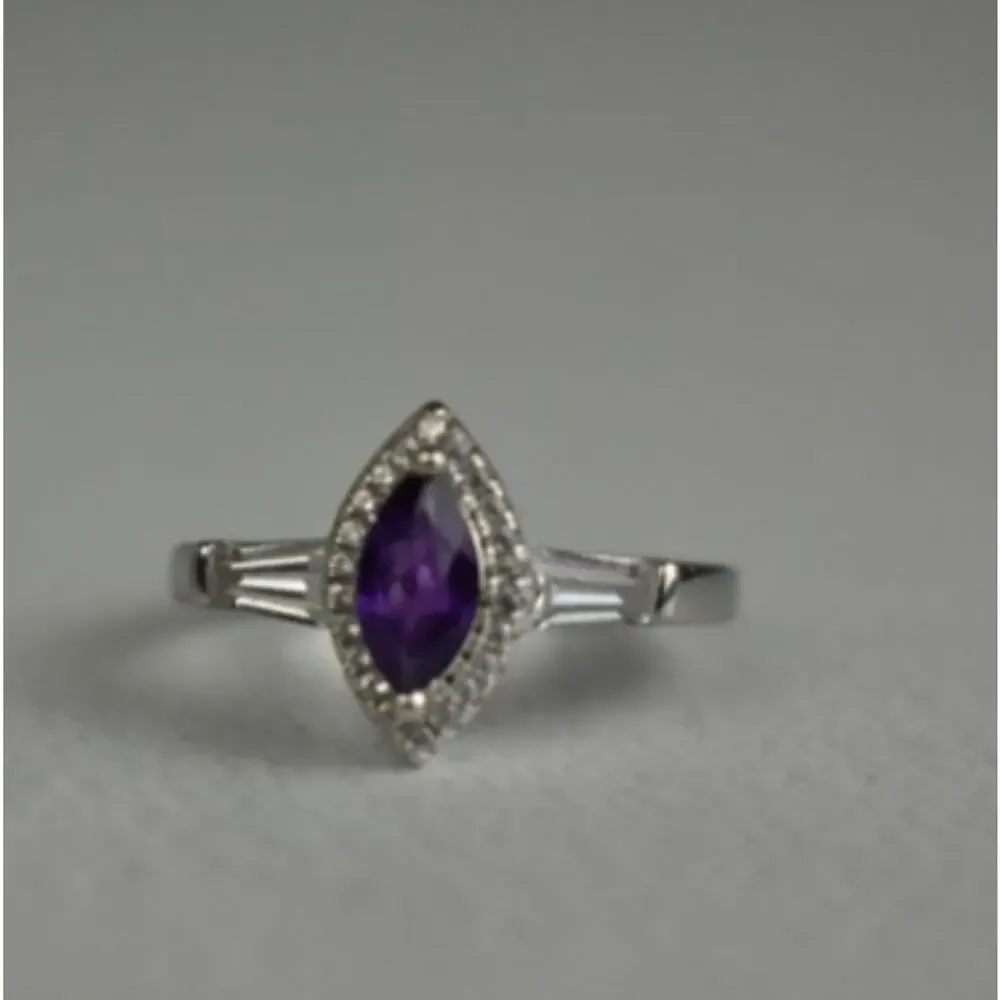 925 Sterling Silver Amethyst & Colorless Spinel Ring Size 8